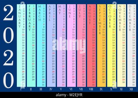 Multi-colored wall calendar 2020 with vertical months on navy blue background. Vector, english language Stock Vector