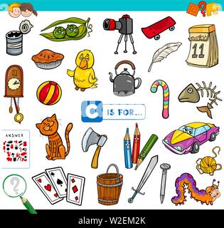 Cartoon Illustration of Finding Picture Starting with Letter C Educational Game Worksheet for Children Stock Vector