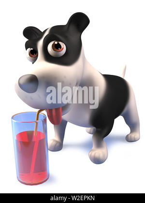 Rendered image of a black and white puppy dog drinking juice from a glass, 3d illustration Stock Photo