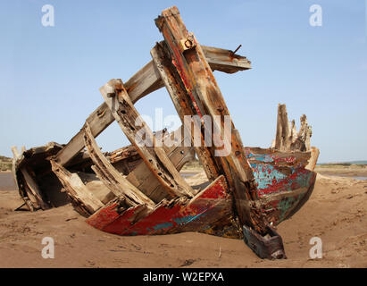 Shipwreck boat on the beach at Crow point near Croyde in Devon Stock Photo