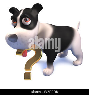 Rendered image of a 3d cartoon funny black and white dog holding a question mark symbol Stock Photo