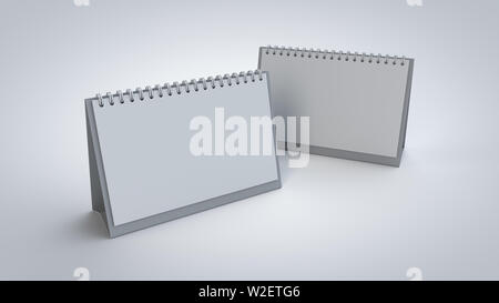 3D rendering, white blank desk spiral calendar for corporate branding presentation mockup, isolated on white with soft shadows closer view. Stock Photo