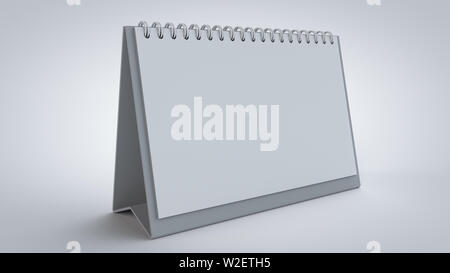 3D rendering single horizontal realistic standing blank spiral desk calendars of A5 size, isolated on white closer view with soft shadows. Stock Photo
