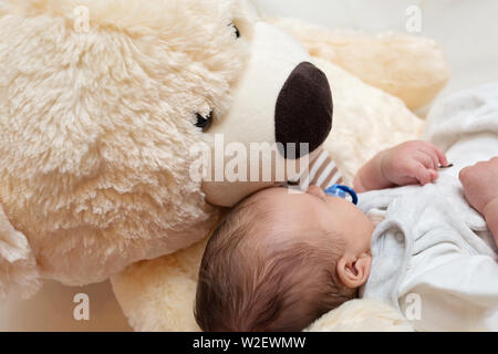 Peaceful newborn sleeping with giant fluffy teddy bear Stock Photo