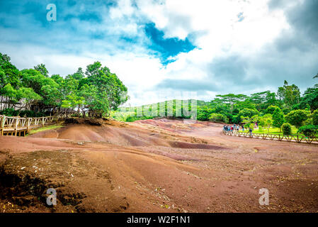 Seven coloured earth wonder in Chamarel region of tropical island Mauritius. Toned image. Stock Photo