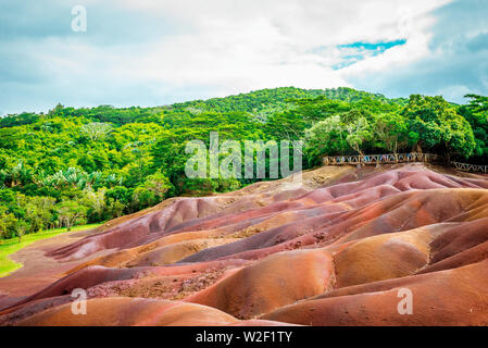 Seven coloured earth wonder in Chamarel region of tropical island Mauritius. Toned image. Stock Photo