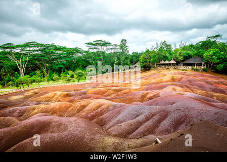 Seven coloured earth wonder in Chamarel region of tropical island Mauritius. Toned image. Stock Photo