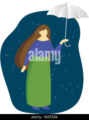 A woman in full growth standing under an umbrella. Profile of a girl. Vector flat illustration Stock Vector
