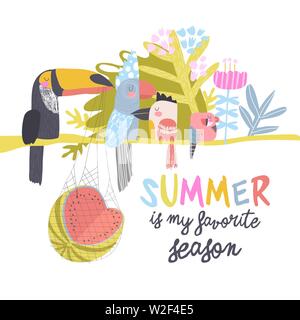 Funny colorful exotic birds sit on branch. Hello summer Stock Vector