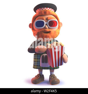 Rendered image of a cartoon 3d Scots man in kilt eating popcorn and wearing 3d glasses Stock Photo