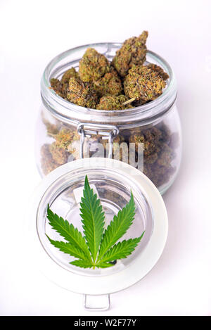 Detail of cannabis buds on clear glass jars isolated on white - medical marijuana dispensary concept Stock Photo