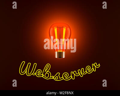 Conceptual 3D rendered illustration of a shining light bulb and the neon lit word Webserver. Stock Photo