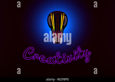 Conceptual 3D rendered illustration of a shining light bulb and the neon lit word Creativity. Stock Photo