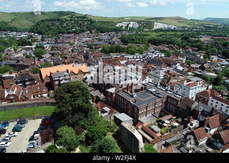Aerial view of Lewes, East Sussex, showing the high street and Crown Court Stock Photo