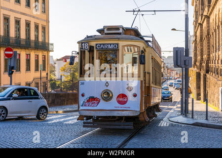 Porto, Portugal - November 15, 2017: Famous vintage tram on street of Old Town, Porto, Portugal Stock Photo