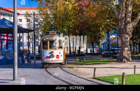 Porto, Portugal - November 15, 2017: Famous vintage tram on street of Old Town, Porto, Portugal Stock Photo