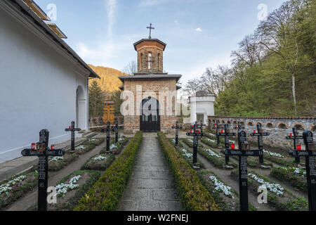 Tismana, Romania - April 10, 2018. Tismana Monastery is one of the oldest monastic settlements in Wallachia, Romania from 14th century. It was built b Stock Photo