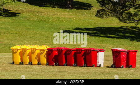 Trash bins and toilets at the Christmas in the Park event, Auckland New Zealand Stock Photo