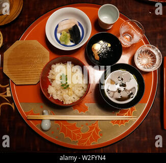 Rice, miso soup and tsukemono pickles, Japanese kaiseki traditional dinner, Kyoto, Japan Stock Photo