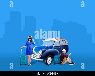 Asian couple in hat with suitcase bag relaxing beside the car on blue background. Traveling concept Stock Photo