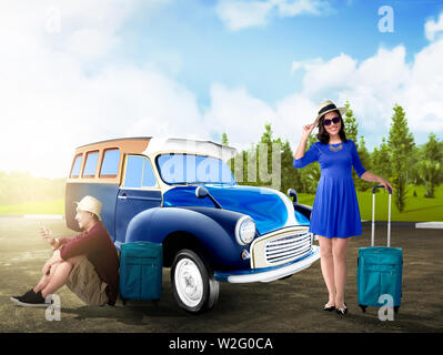 Asian couple in hat with suitcase bag relaxing beside the car at road with green trees and blue sky background. Traveling concept Stock Photo