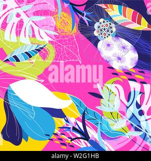 Tropical multicolored trendy pattern of foliage spots and flowers. Art print design template for web page, fabric, wallpaper or poster. Stock Vector