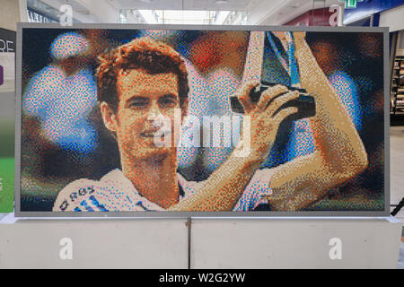 London, UK. 08th July, 2019. A mosaic of British tennis player Andy Murray made of lego pieces is displayed at the Centre Court shopping centre in Wimbledon as part of Legend Lawn. Credit: SOPA Images Limited/Alamy Live News Stock Photo