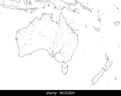 World Map of AUSTRALIA CONTINENT: Australia, New Zealand, Oceania, Micronesia, Melanesia, Polynesia, Pacific Ocean. Geographic chart with coastline.