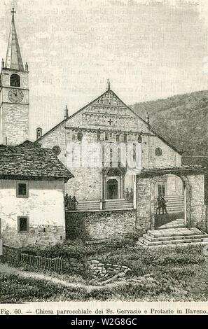Chiesa parrocchiale dei Ss. Gervasio e Protasio in Baveno xilografia di Barberis. Stock Photo