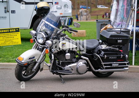 Meriden, CT USA. Apr 2019. Daffodil Festival. A parked Meriden Police Department motorcycle. Stock Photo