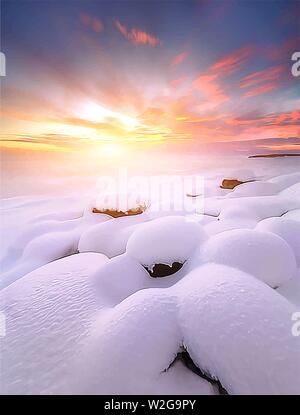 Winter sunset landscape sea on purple background with stones. Snow background. Nature landscape background. Colorful cloud Stock Vector