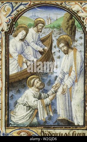 Christ appears at the Lake of Gennesaret, St. Peter walks on the water - Book of hours Simon de Varie - KB 74 G37a - 002r min. Stock Photo