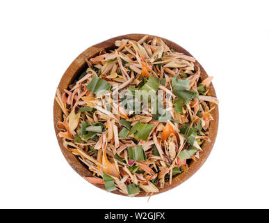 Dried lemongrass leaves in wooden bowl.  Stock Photo