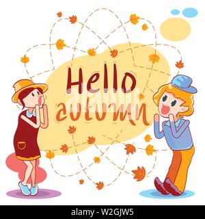 Hello autumn banner with boy and girl. Hand drawn autumn leaves vector illustration isolated on white background. Stock Vector