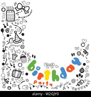 Hand drawn doodle with handwritten lettering.Vector Illustration with birthday party words for template paper, card. Stock Vector