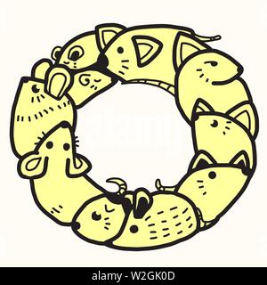 Mice in zero shaped doodle art. The animal of the Chinese zodiac. Hand drawn vector illustration. Stock Vector