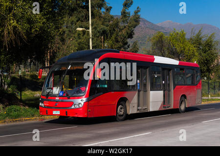 SANTIAGO, CHILE - JULY 2017: A red Transantiago bus in Las Condes Stock Photo