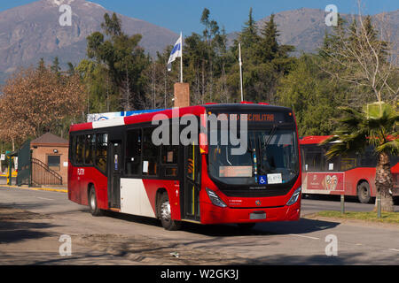 SANTIAGO, CHILE - JULY 2017: A red Transantiago bus in Las Condes Stock Photo