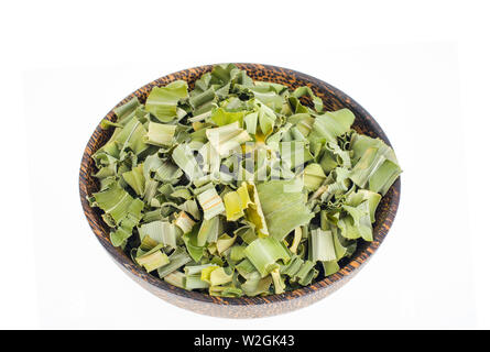 Dried pandan leaves in wooden bowl.  Stock Photo