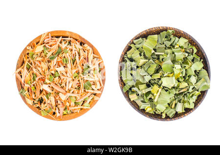 Dried pandan leaves in wooden bowl.  Stock Photo