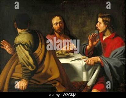 Christ with his two disciples at Emmaus after Hendrick Bloemaert. Stock Photo