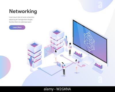 Landing page template of Data Networking Isometric Illustration Concept. Flat design concept of web page design for website and mobile website Stock Vector