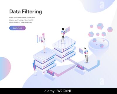 Landing page template of Data Filtering Isometric Illustration Concept. Flat design concept of web page design for website and mobile website Stock Vector