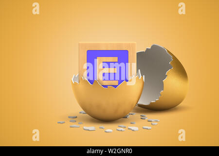 3d rendering of alphabet toy block hatching out of golden egg on yellow background Stock Photo