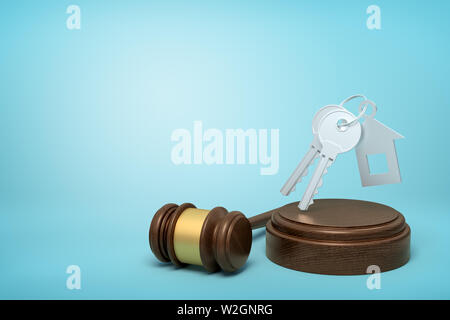 3d rendering of grey keys with house-shaped fob levitating in air above wooden sounding block with gavel beside on light-blue background. Stock Photo
