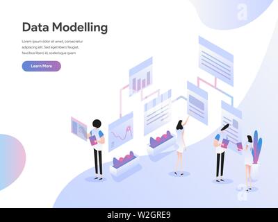 Landing page template of Data Modeling Isometric Illustration Concept. Isometric flat design concept of web page design for website and mobile website Stock Vector