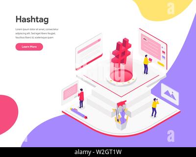 Landing page template of Social Media Hashtags Isometric Illustration Concept. Isometric flat design concept of web page design for website and mobile Stock Vector