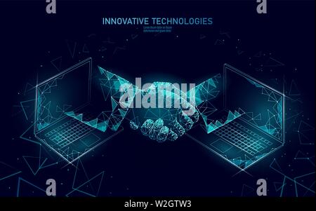 Internet technology 3D businessman handshake. Business finance agreement contract concept. Success web network low poly banner. Polygonal Stock Vector