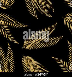 Gold palm leaves seamless pattern. Gold leaf on black background. Vector illustration background. For print, textile, web, home decor, fashion, surfac Stock Vector
