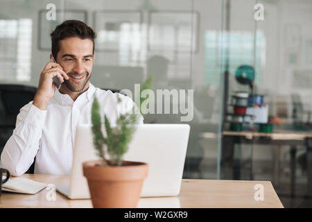 Smiling young businessman talking on a cellphone in an office Stock Photo